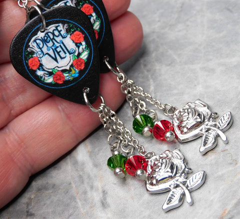 Pierce the Veil Guitar Pick Earrings with Stainless Steel Rose Charms and Swarovski Crystal Dangles