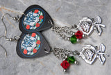 Pierce the Veil Guitar Pick Earrings with Stainless Steel Rose Charms and Swarovski Crystal Dangles