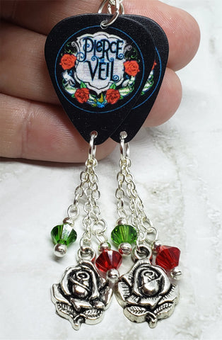 Pierce the Veil Guitar Pick Earrings with Rose Charm and Swarovski Crystal Dangles