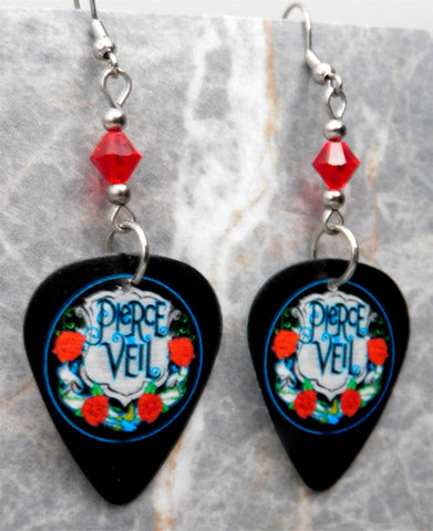 Pierce the Veil Guitar Pick Earrings with Red Swarovski Crystals