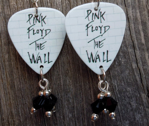 Pink Floyd The Wall Guitar Pick Earrings with Black Swarovski Crystal Dangles