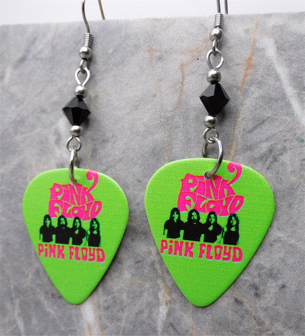 Very Brightly Colored Pink Floyd Guitar Pick Earrings with Black Swarovski Crystals