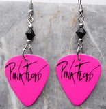 Pink Floyd Bright Pink Guitar Pick Earrings with Black Swarovski Crystals