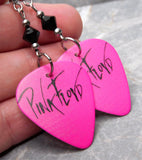 Pink Floyd Bright Pink Guitar Pick Earrings with Black Swarovski Crystals