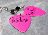 Pink Floyd Bright Pink Guitar Pick Earrings with Black Swarovski Crystals