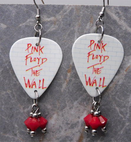 Pink Floyd The Wall Guitar Pick Earrings with Red Swarovski Crystal Dangles