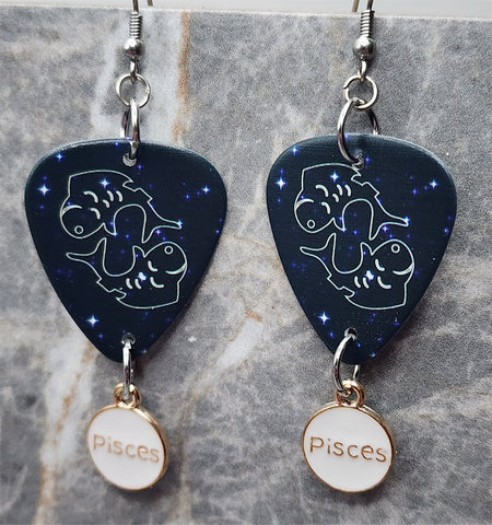 Horoscope Astrological Sign Pisces Guitar Pick Earrings with Pisces Charm Dangles