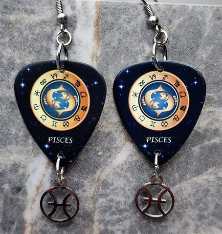 Horoscope Astrological Sign Pisces Guitar Pick Earrings with Laser Cut Horoscope Charms