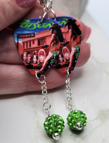 Poison Hollyweird Guitar Pick Earrings with Green Pave Bead Dangles