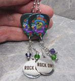 Poison Skull in a Top Hat Guitar Pick Earrings with Rock On Charms and Swarovski Crystal Dangles