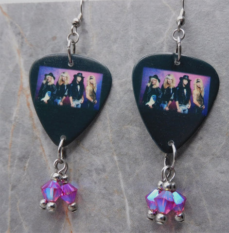 Poison Group Picture Guitar Pick Earrings with Fuchsia ABx2 Swarovski Crystal Dangles