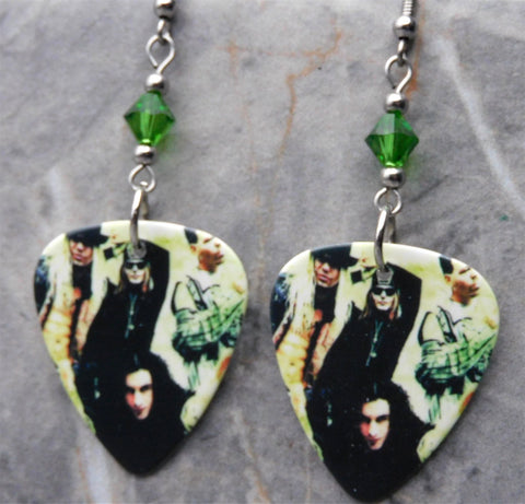 Poison Group Picture Guitar Pick Earrings with Green Swarovski Crystals
