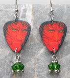 Poison Open Up and Say Ahh! Guitar Pick Earrings with Green Swarovski Crystal Dangles