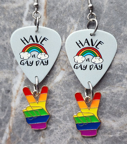Have a Gay Day Rainbow Pride Guitar Pick Earrings with Peace Sign Fingers Charm