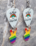 Have a Gay Day Rainbow Pride Guitar Pick Earrings with Peace Sign Fingers Charm