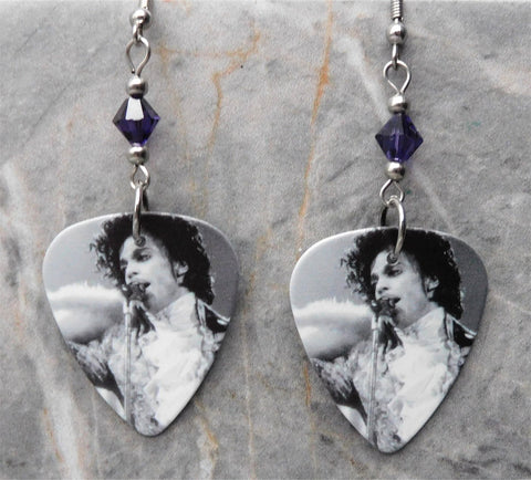 Black and White Prince Guitar Pick Earrings with Purple Swarovski Crystals