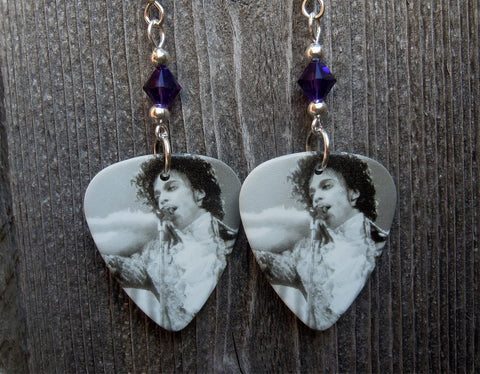 Black and White Prince Guitar Pick Earrings with Purple Swarovski Crystals