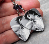 Black and White Prince Guitar Pick Earrings with Purple Swarovski Crystals