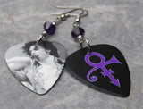 Black and White Prince Guitar Pick Earrings with Purple Swarovski Crystals