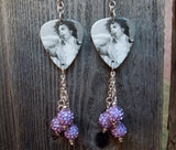 Prince Black and White Guitar Pick Earrings with Violet Purple Pave Bead Dangles