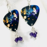 Prince Purple Rain Guitar Pick Earrings with Purple Swarovski Crystal Dangles