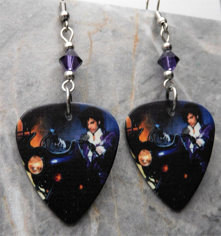 Prince Purple Rain Cover Guitar Pick Earrings with Purple Swarovski Crystals