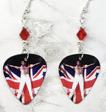 Queen Freddie Mercury and British Flag Guitar Pick Earrings with Red Swarovski Crystals