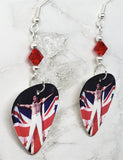 Queen Freddie Mercury and British Flag Guitar Pick Earrings with Red Swarovski Crystals