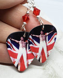 Queen Freddie Mercury and British Flag Guitar Pick Earrings with Red Swarovski Crystals