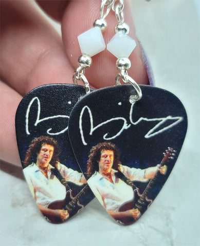 Queen's Brian May Guitar Pick Earrings with White Swarovski Crystals