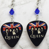 Queen and British Flag Guitar Pick Earrings with Blue Swarovski Crystals