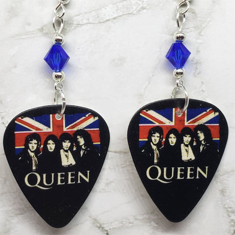 Queen and British Flag Guitar Pick Earrings with Blue Swarovski Crystals