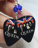 Queen and British Flag Guitar Pick Earrings with Blue Swarovski Crystals