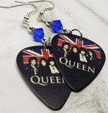 Queen and British Flag Guitar Pick Earrings with Blue Swarovski Crystals