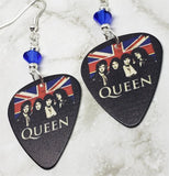 Queen and British Flag Guitar Pick Earrings with Blue Swarovski Crystals