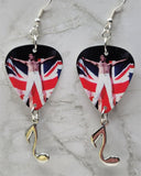 Queen Freddie Mercury and British Flag Guitar Pick Earrings with Music Note Charm Dangles