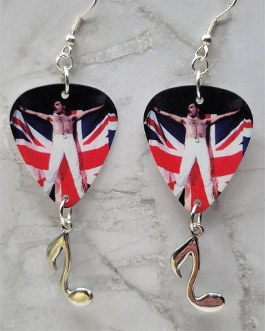 Queen Freddie Mercury and British Flag Guitar Pick Earrings with Music Note Charm Dangles