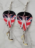 Queen Freddie Mercury and British Flag Guitar Pick Earrings with Music Note Charm Dangles