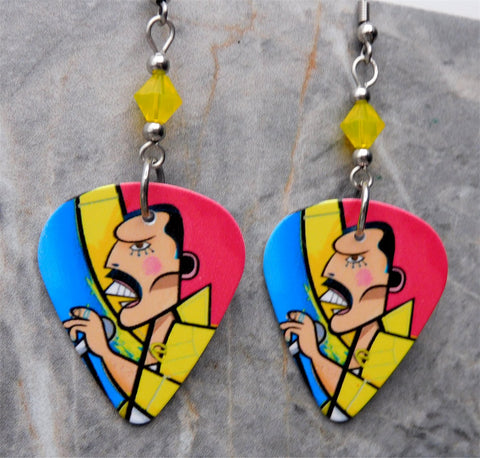 Queen's Freddie Mercury Guitar Pick Earrings with Yellow Opal Swarovski Crystals