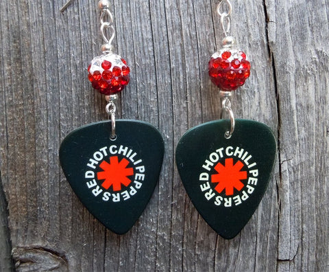 Red Hot Chili Peppers Black Guitar Pick Earrings with Red Ombre Pave Beads