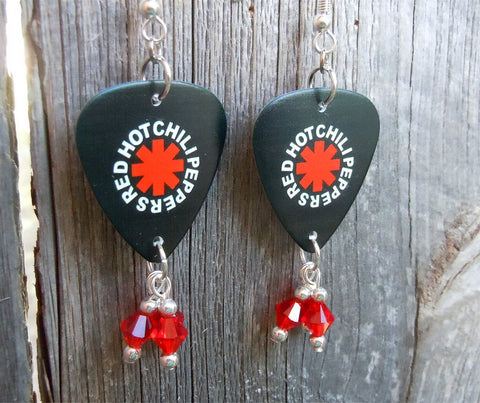 Red Hot Chili Peppers Black Guitar Pick Earrings with Red Swarovski Crystal Dangles