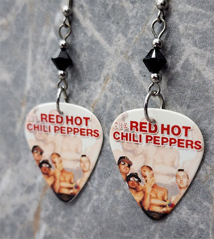 Red Hot Chili Peppers Guitar Pick Earrings with Black Swarovski Crystals