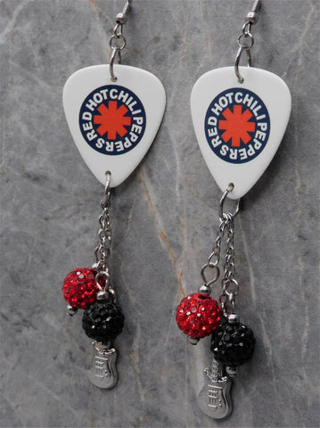 Red Hot Chili Peppers Guitar Pick Earrings with Pave and Stainless Steel Guitar Charm Dangles