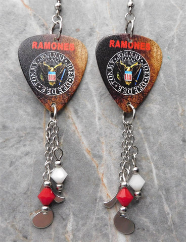 The Ramones Logo Guitar Pick Earrings with Stainless Steel Music Note Charms and Swarovski Crystal Dangles