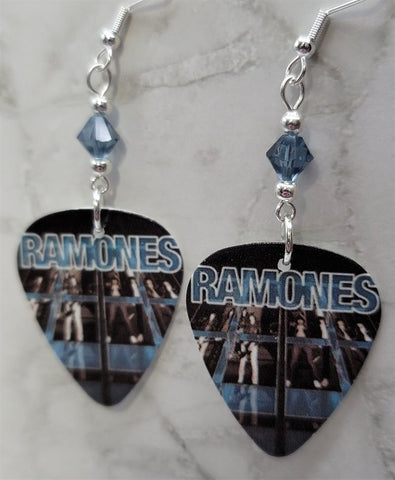 The Ramones Guitar Pick Earrings with Denim Blue Swarovski Crystals