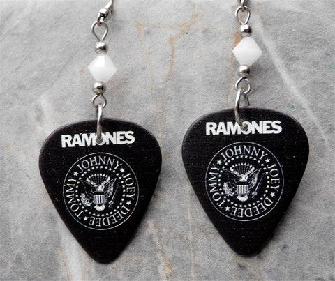 The Ramones Logo Black Guitar Pick Earrings with White Swarovski Crystals