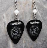 The Ramones Logo Black Guitar Pick Earrings with White Swarovski Crystals