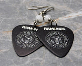 The Ramones Logo Black Guitar Pick Earrings with White Swarovski Crystals