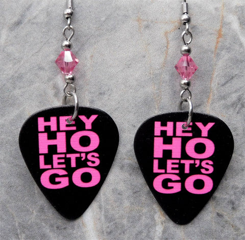 The Ramones Hey Ho Let's Go Guitar Pick Earrings with Pink Swarovski Crystals