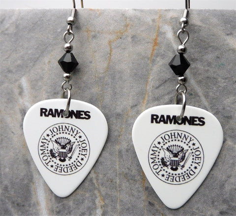The Ramones Logo White Guitar Pick Earrings with Black Swarovski Crystals